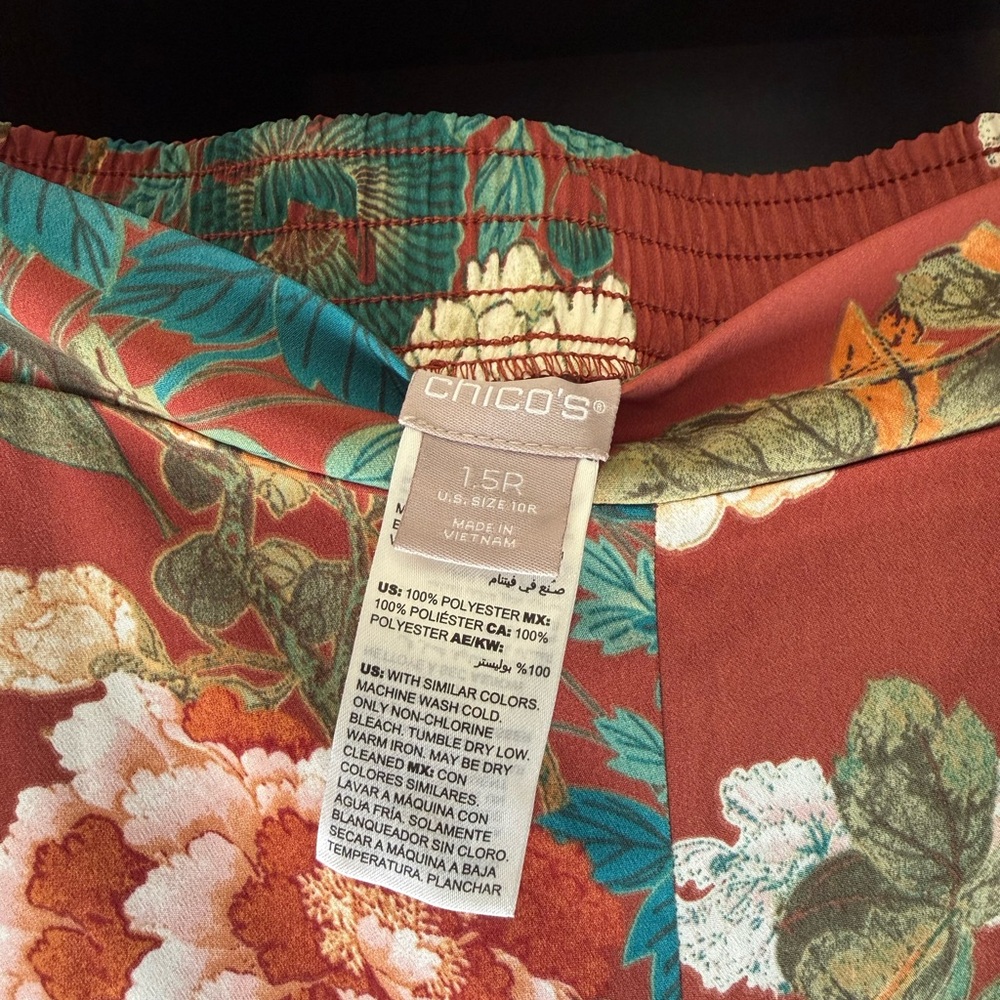 CHICOS—Rust Floral Wide-Leg Pants with Teal & Cream Blooms - Picture 8 of 8